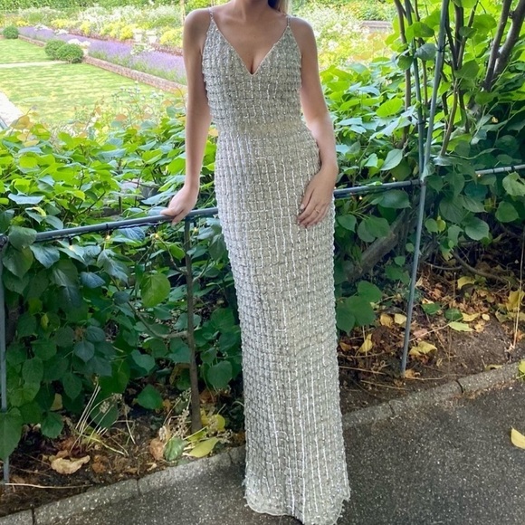 MAC DUGGAL 5394 BEAD EMBELLISHED COLUMN NUDE/SILVER GOWN sz 10 - Picture 3 of 16